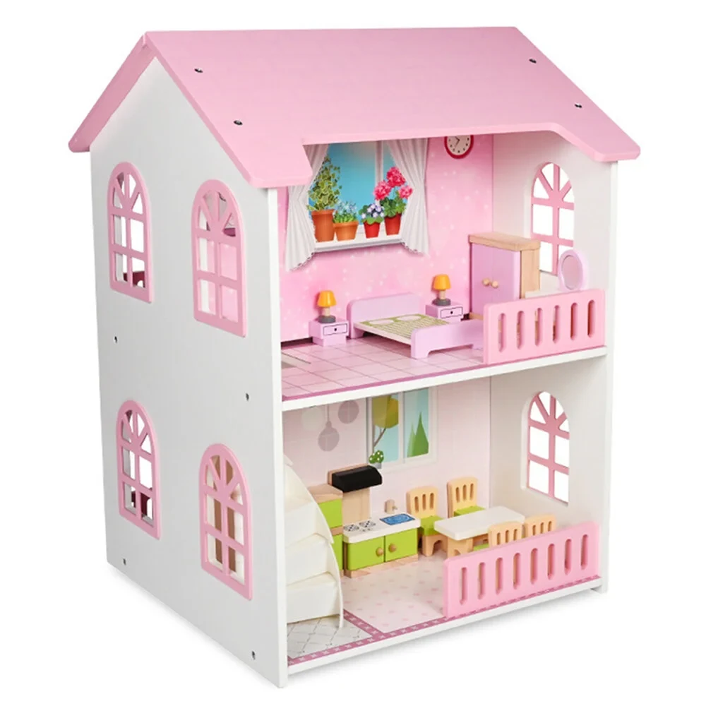 Little Story 2-Floor Wooden Dollhouse Villa with Furniture & Accessories, Pink - LS_DSDH_PI