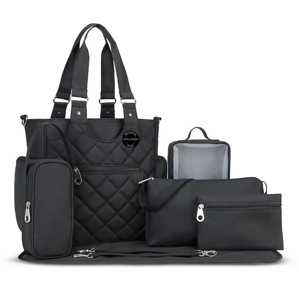 Little Story 7-Piece Quilted Diaper Bag Set with Changing Mat & Stroller Straps, Black - LS_DPWSSCM_BK