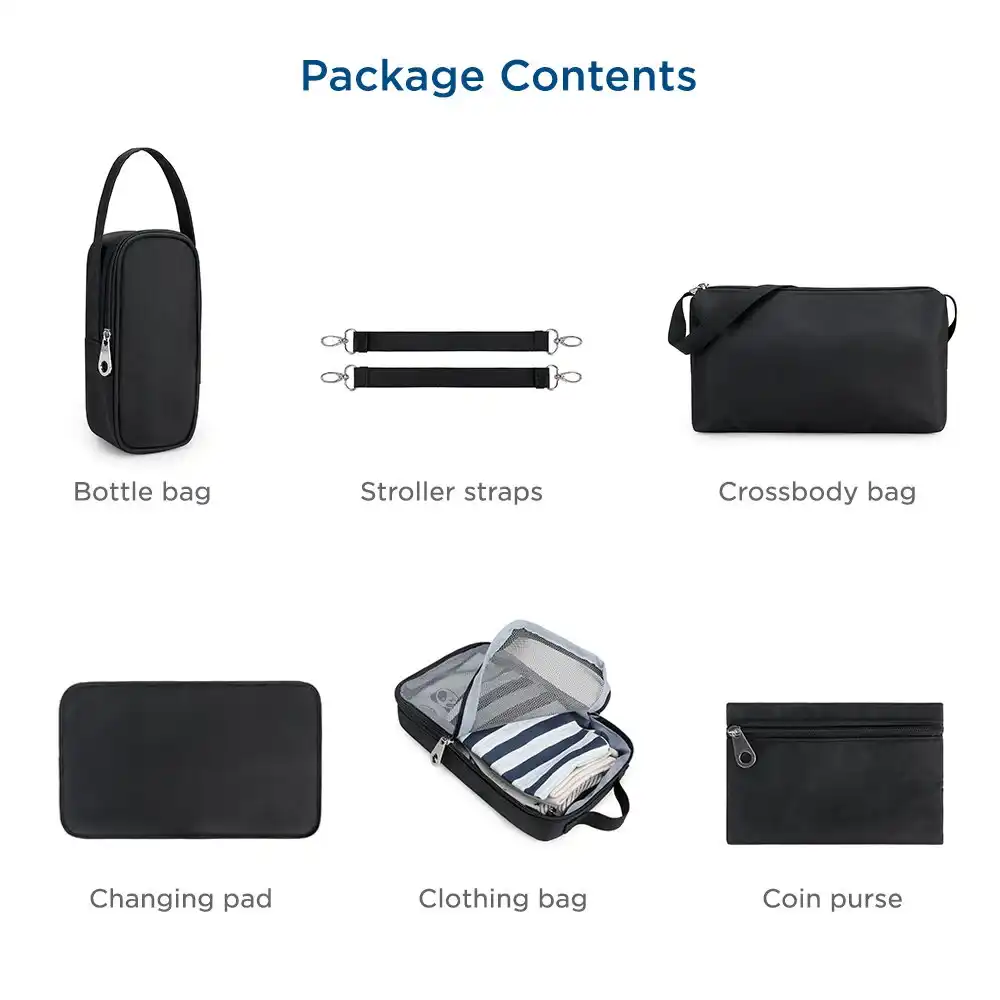 Little Story 7-Piece Quilted Diaper Bag Set with Changing Mat & Stroller Straps, Black - LS_DPWSSCM_BK - Image 4