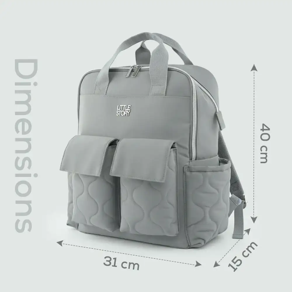 Little Story Quilted Diaper Backpack with Changing Mat, 18.3L Capacity, Insulated Pocket & Stroller Straps, Gray - LS_QDPB_GY - Image 7
