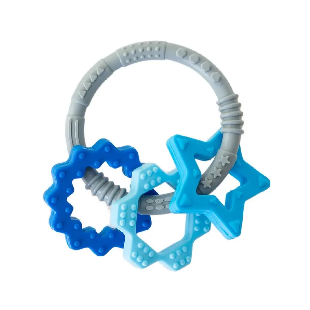 Babyjem Silicone Ring Teether for Babies, 3+ Months, 1 Large & 3 Small Textured Rings, BPA-Free, Blue - 807