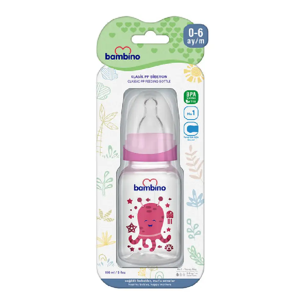 Bambino Classic PP Feeding Bottle 150 ml, BPA-Free, Soft Silicone Nipple, Slow Flow Teat, Wide Neck, Pink - B018 - Image 2