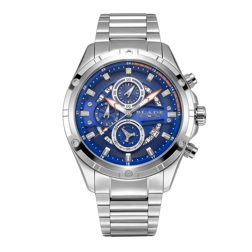 Blade Airfield Blue Delta Series 46mm Mens Chronograph Watch, 316 Stainless Steel Case, Blue Dial, Stainless Steel Band, Mineral Glass, 10ATM - 3715G2SBS