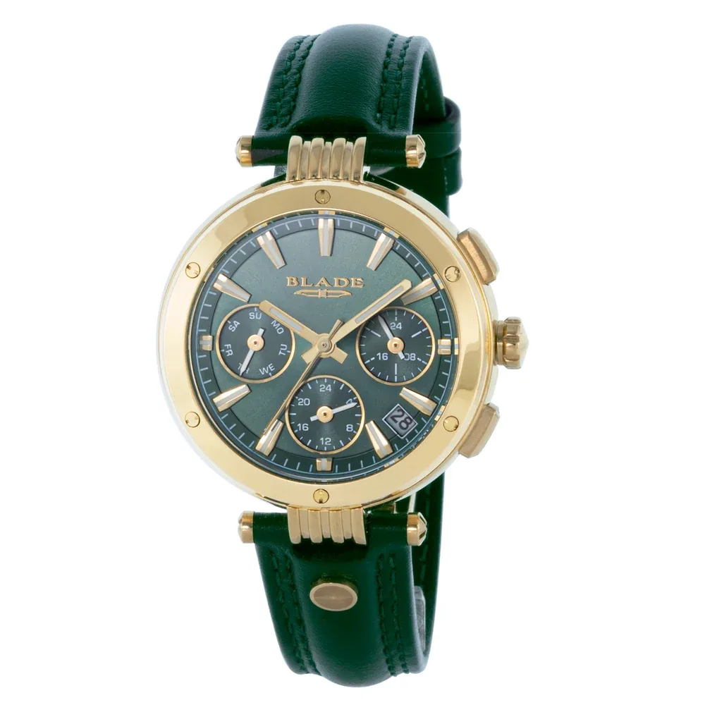 Blade Allure Power 36mm Womens Multifunction Watch, PVD Gold Stainless Steel Case, Green Dial, Hardened Mineral Glass, Dual-Time Quartz Movement, Leather Strap, 5ATM, 3 Years Warranty - 3740L1GEE