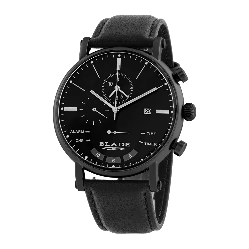Blade Aura X Noir 44mm Falco Series Mens Yacht Timer Chronograph Watch, 304 Stainless Steel Case, PVD Black Finish, Black Dial, Curved Mineral Glass, Leather Strap, 5ATM - 3725G1NNN