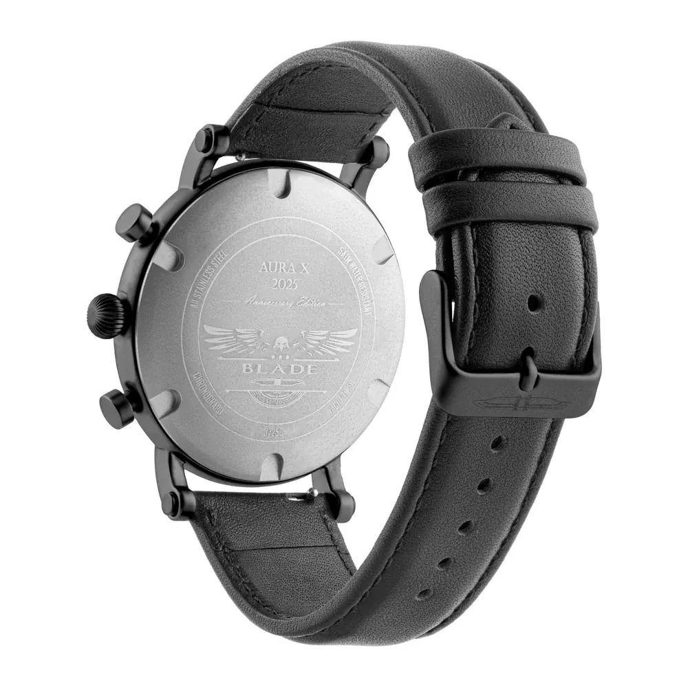 Blade Aura X Noir 44mm Falco Series Mens Yacht Timer Chronograph Watch, 304 Stainless Steel Case, PVD Black Finish, Black Dial, Curved Mineral Glass, Leather Strap, 5ATM - 3725G1NNN - Image 4