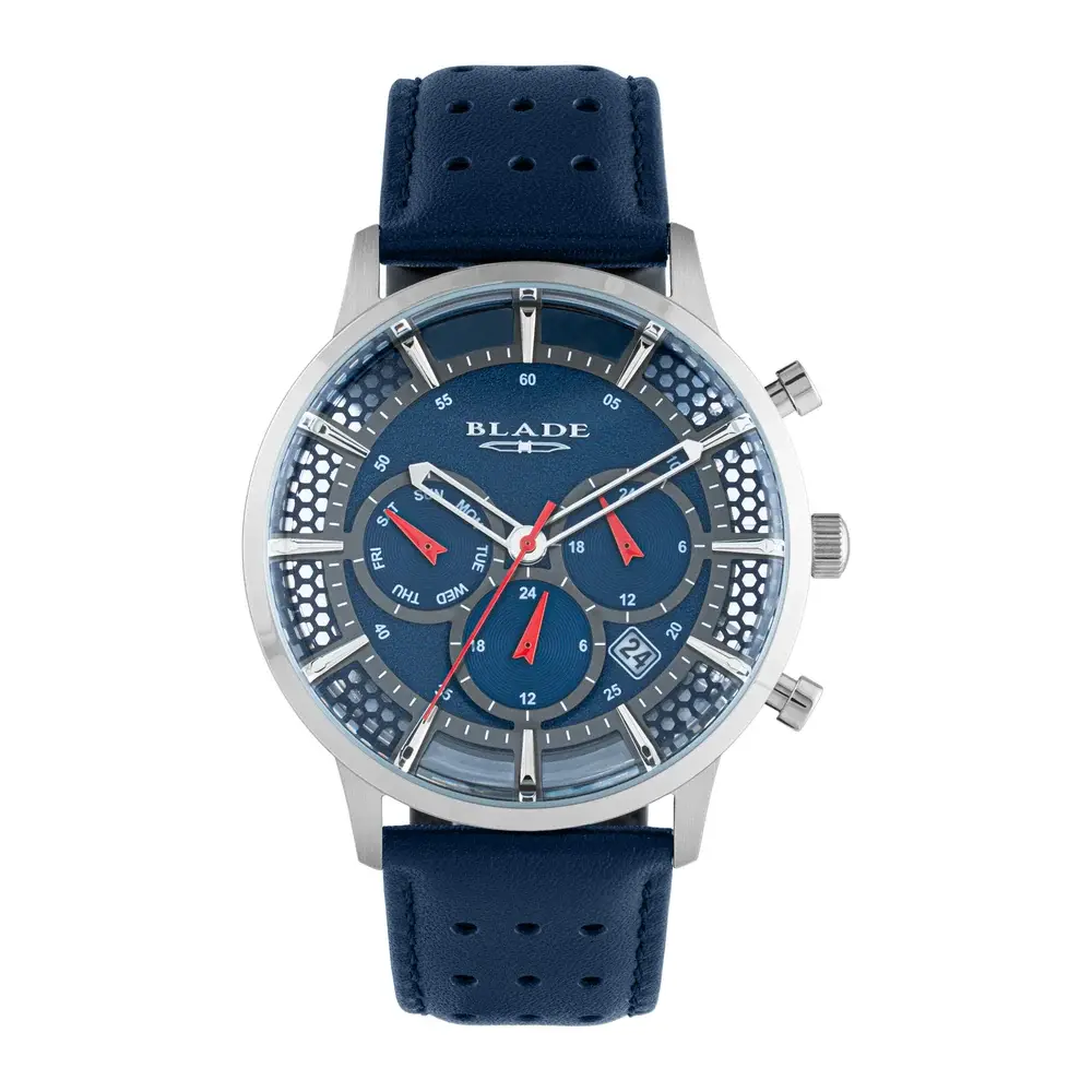 Blade Bare Blue Maverick Collection 43mm Mens Multifunction Quartz Watch, 304 Stainless Steel Case, Blue Dial, Blue Genuine Leather Strap, 3ATM - 3673G1SBB