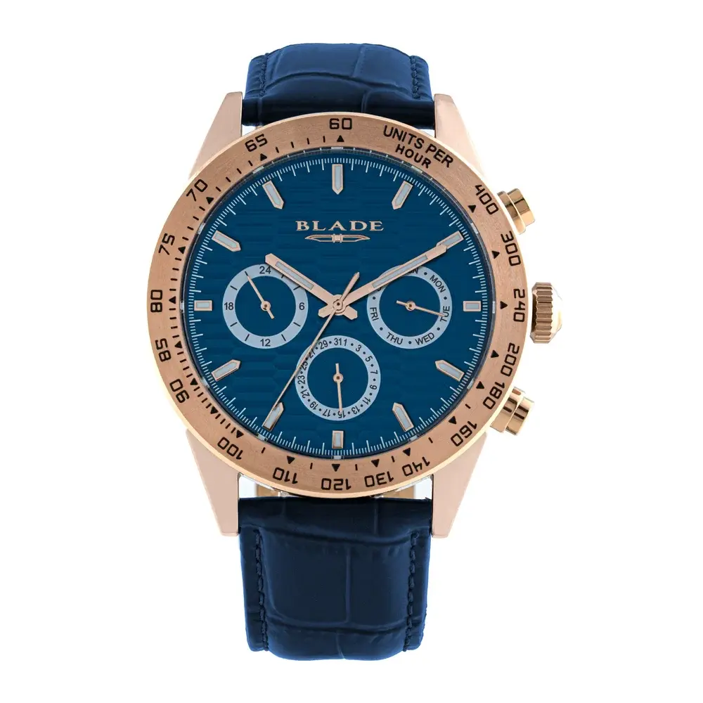 Blade Echelon Night Agenda Collection 44mm Mens Multifunction Watch, 304 PVD Rose Gold Stainless Steel Case, Blue Dial, Genuine Leather Strap, 3ATM - 3709G1RBB