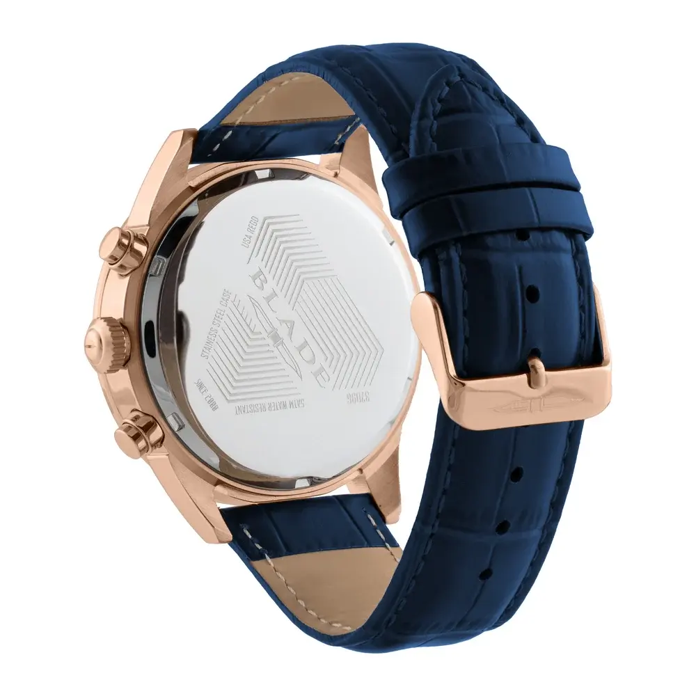 Blade Echelon Night Agenda Collection 44mm Mens Multifunction Watch, 304 PVD Rose Gold Stainless Steel Case, Blue Dial, Genuine Leather Strap, 3ATM - 3709G1RBB - Image 4