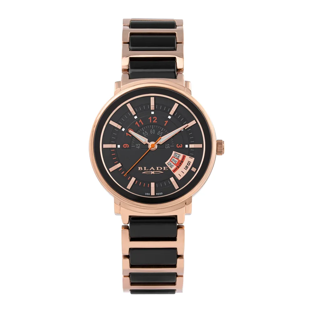 Blade Jazz Crimson 32mm Womens Date Watch, Stainless Steel Case, Black Dial, Rose Gold Plating, SS Ceramic Band, Japan Quartz Movement, 5ATM, 3 Years Warranty - 3728L4RNN