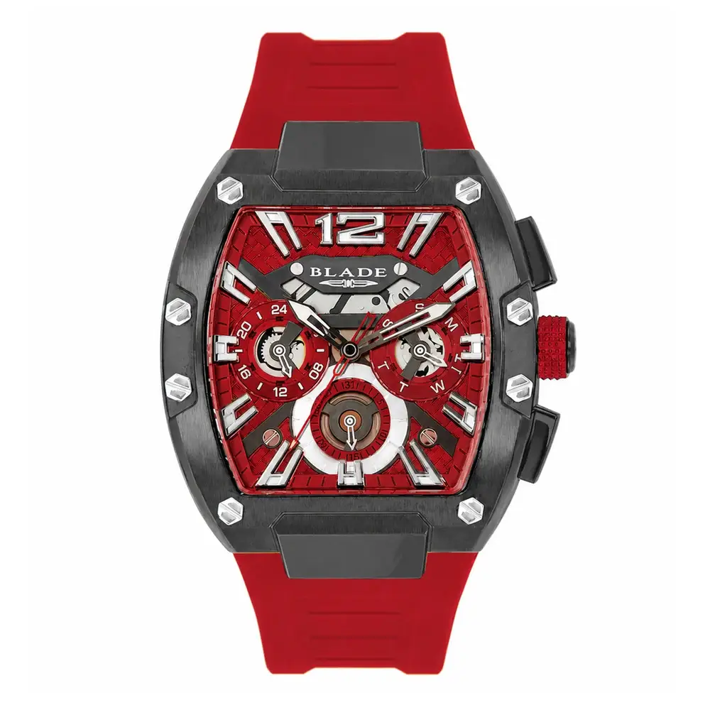 Blade Magnifique Red Falco Series 43mm Mens Multifunction Watch, 304 PVD Gun Plated Stainless Steel Case, Red Dial, Red Silicone Strap, 5ATM - 3652G5ARR