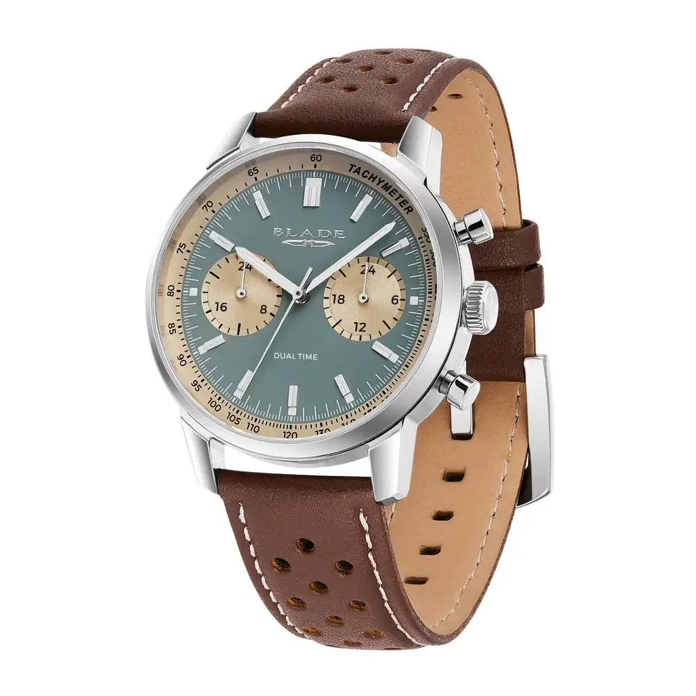 Blade Rally Khaki 40mm Maverick Series Mens Dual-Time Watch, Stainless Steel Case, Green Dial, Hardened Mineral Glass, Genuine Cowhide Leather Strap, 5ATM - 3721G1SED - Image 5