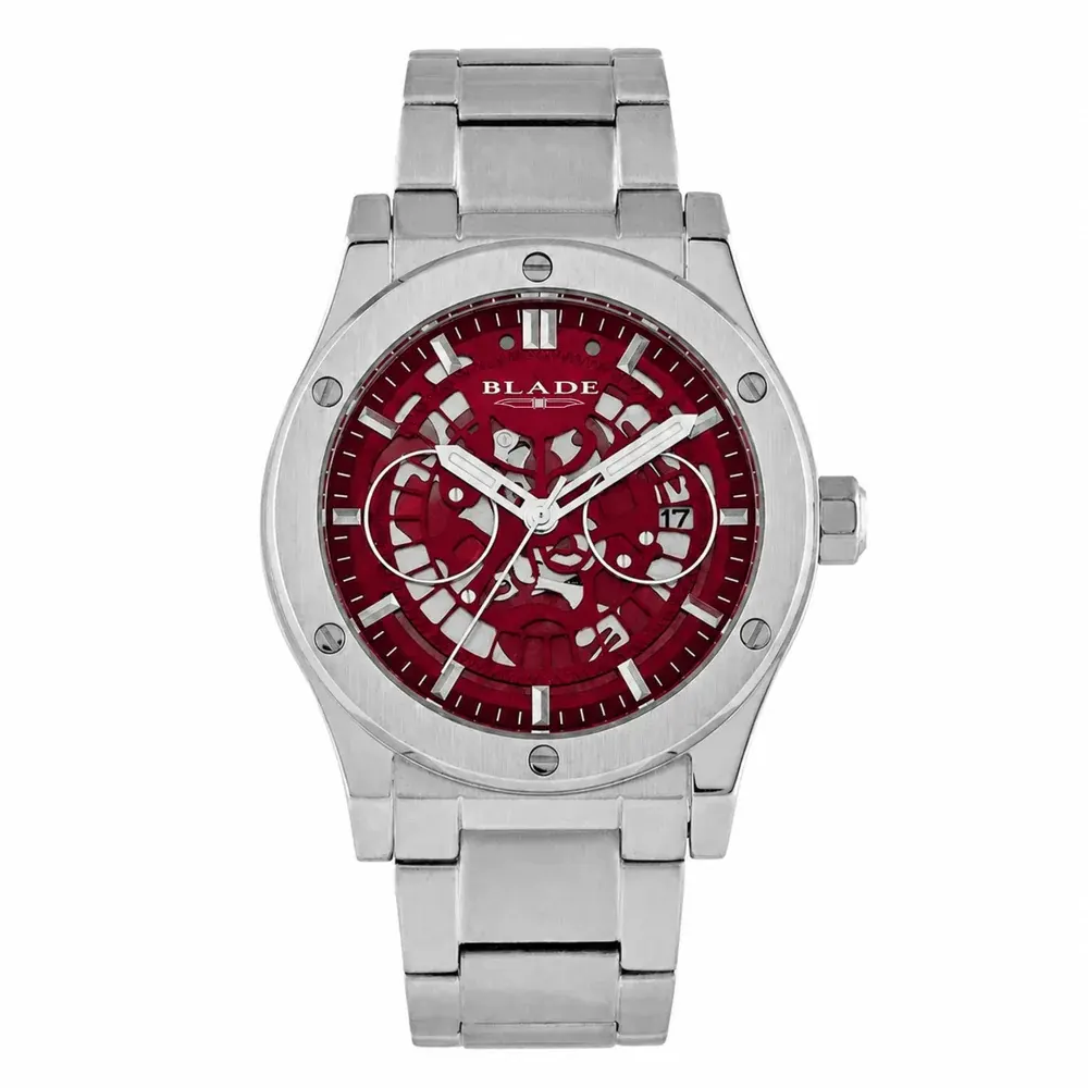 Blade Twist Red 42mm Mens Calendar Watch, Stainless Steel Case, Red Dial, Japan Calendar Quartz Movement, Stainless Steel Band, 3ATM, 3 Years Warranty - 3745G2SRS