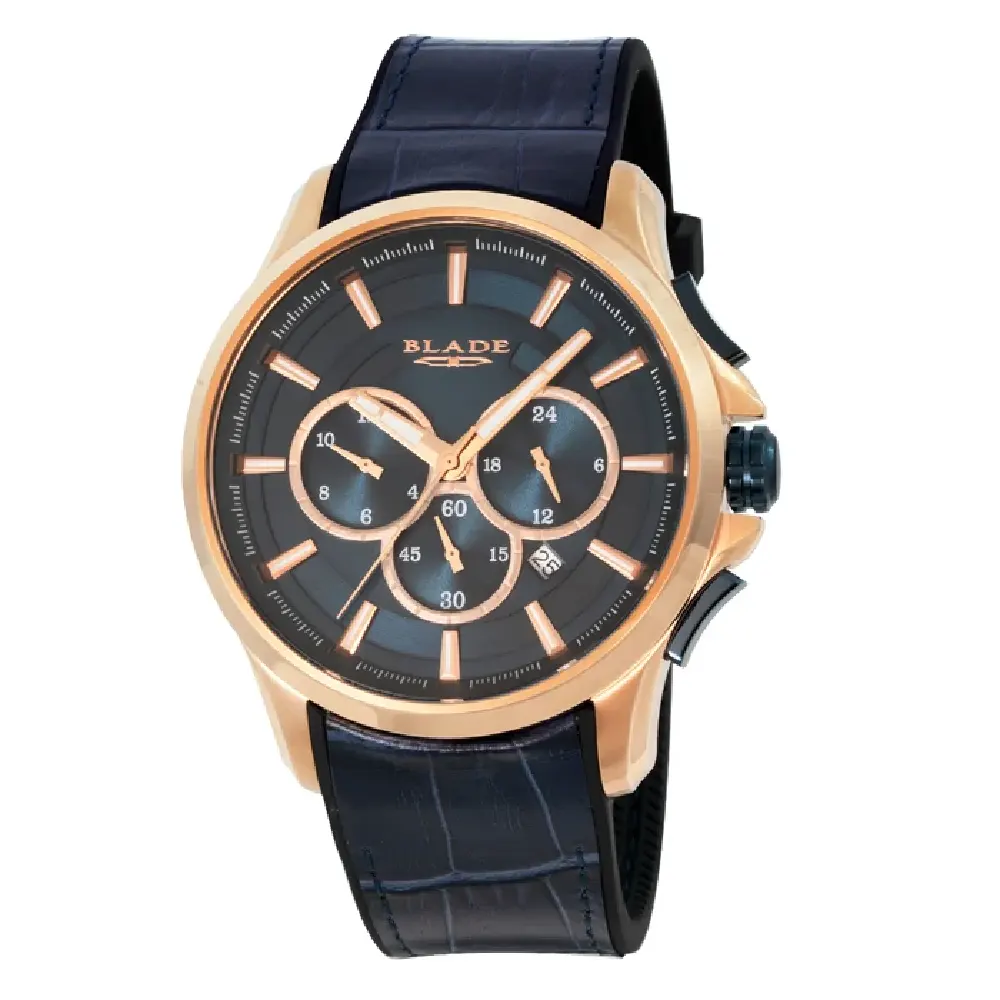 Blade Vision Night Falco Collection 46mm Mens Dual-Time Multifunction Quartz Watch, PVD Rose Gold Stainless Steel Case, Blue Dial, Blue Leather Strap, 5ATM - 3671G9RBB