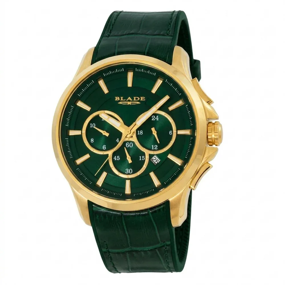 Blade Vision Power Falco Collection 46mm Mens Dual-Time Multifunction Quartz Watch, PVD Gold Stainless Steel Case, Green Dial, Green Leather Strap, 5ATM - 3671G9GEE