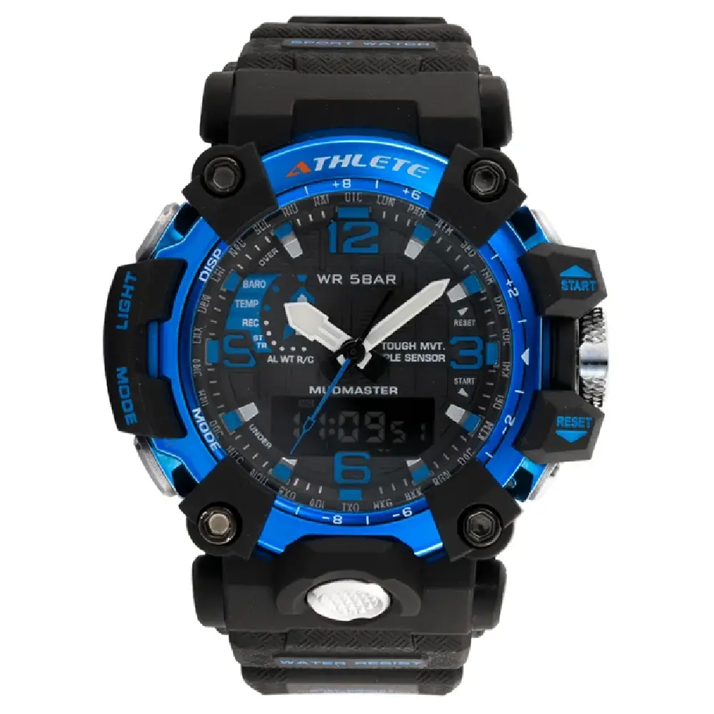 Eliz Athlete Black-Blue Sports Watch, 55mm Polyurethane Case, Acrylic Glass, Black Dial, 30mm Black PU Strap, 3ATM, Men's Watch, 2 Years Warranty - ES8795G8NBN