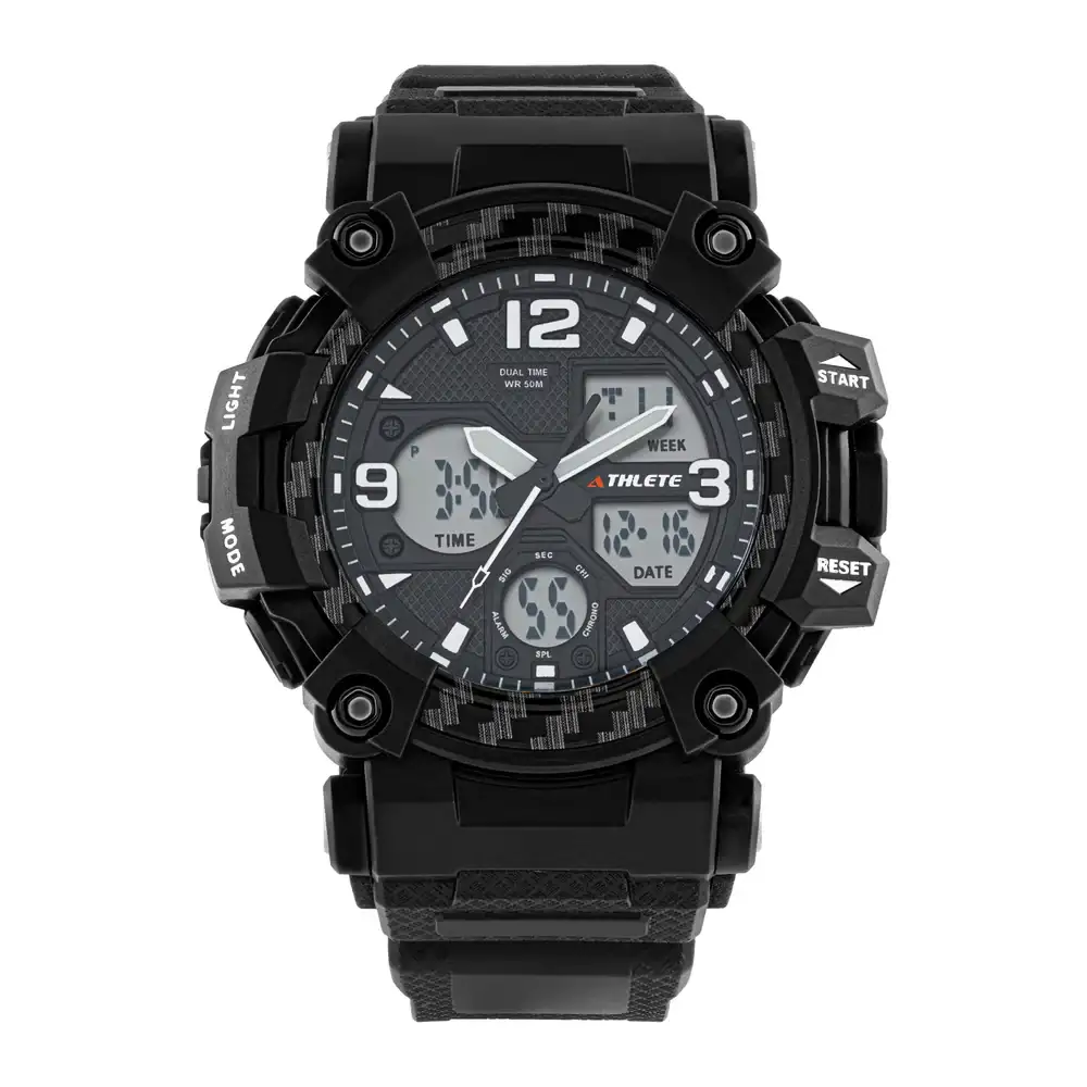 Eliz Athlete Black Dial Analog-Digital Mens Watch, 47mm Black Polyurethane Case, Acrylic Glass, 28mm Strap, Tang Buckle, 5ATM, 2 Years Warranty - ES8964G8NNN