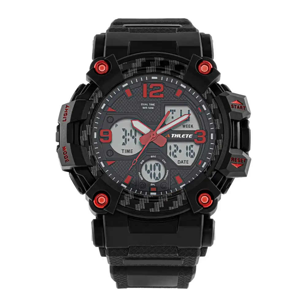 Eliz Athlete Black Dial Analog-Digital Mens Watch, 47mm Black Polyurethane Case, Acrylic Glass, 28mm Strap, Tang Buckle, 5ATM, 2 Years Warranty - ES8964G8NRN