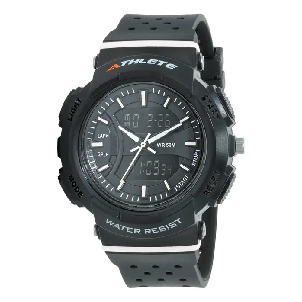 Eliz Athlete Black Sports Watch, 43mm Plastic Case, Acrylic Glass, Black Dial, 22mm Black PU Strap, 3ATM, Unisex Watch, 2 Years Warranty - ES8834L8MNN