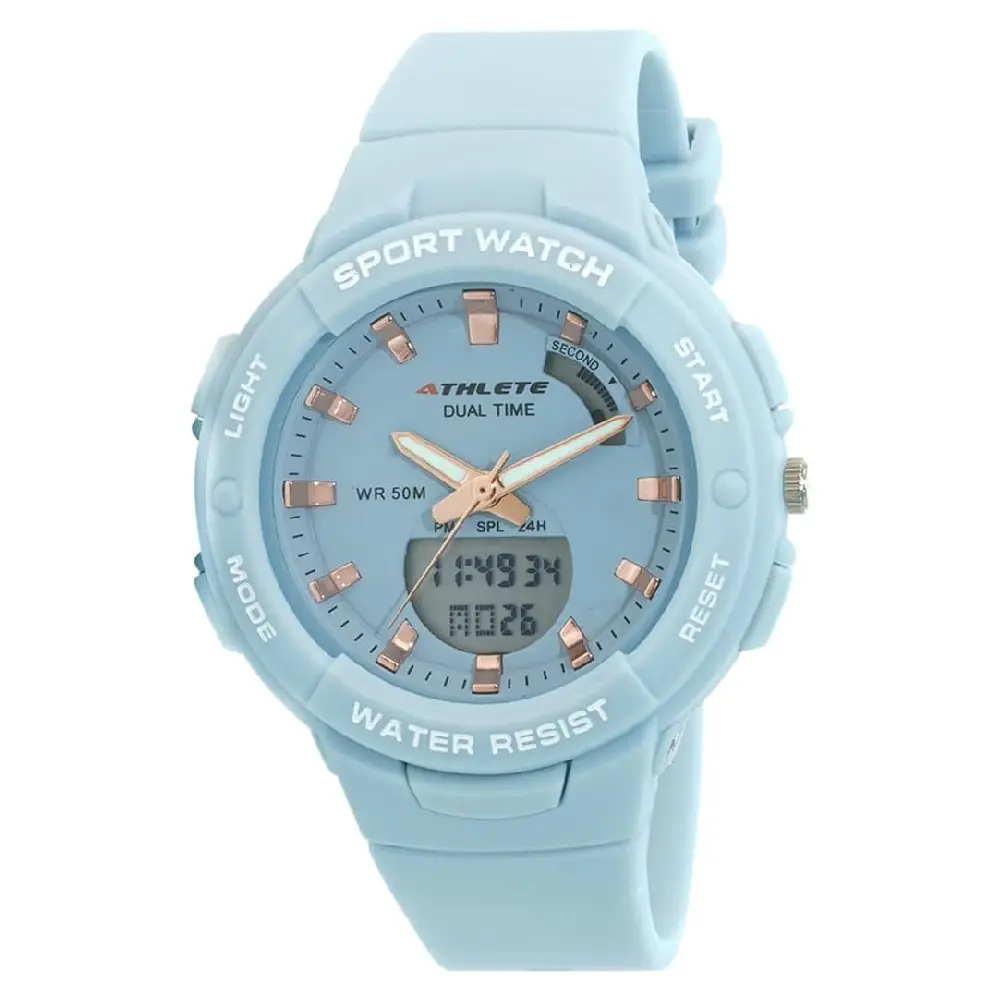 Eliz Athlete Light Blue Sports Watch, 40mm Plastic Case, Acrylic Glass, Analog-Digital Quartz Movement, Light Blue Dial, 19mm PU Strap, 3ATM, Unisex Watch - ES8765L8III