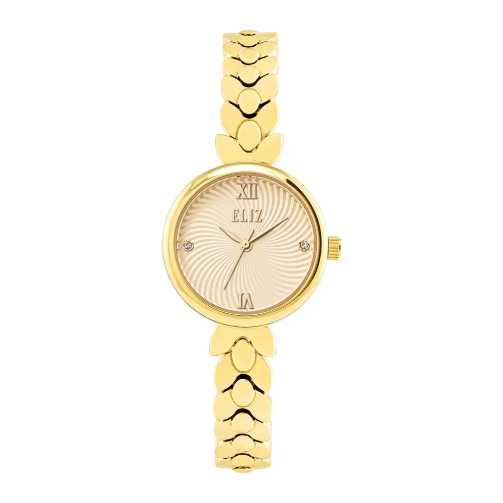 Eliz Iris Gold Watch, 28mm PVD Gold Metal Case, Gold Dial, Three-Hands Movement, 10mm Metal Bracelet, Jewelry Buckle, 3ATM, Womens Watch, 2 Years Warranty - ES8827L2GCG
