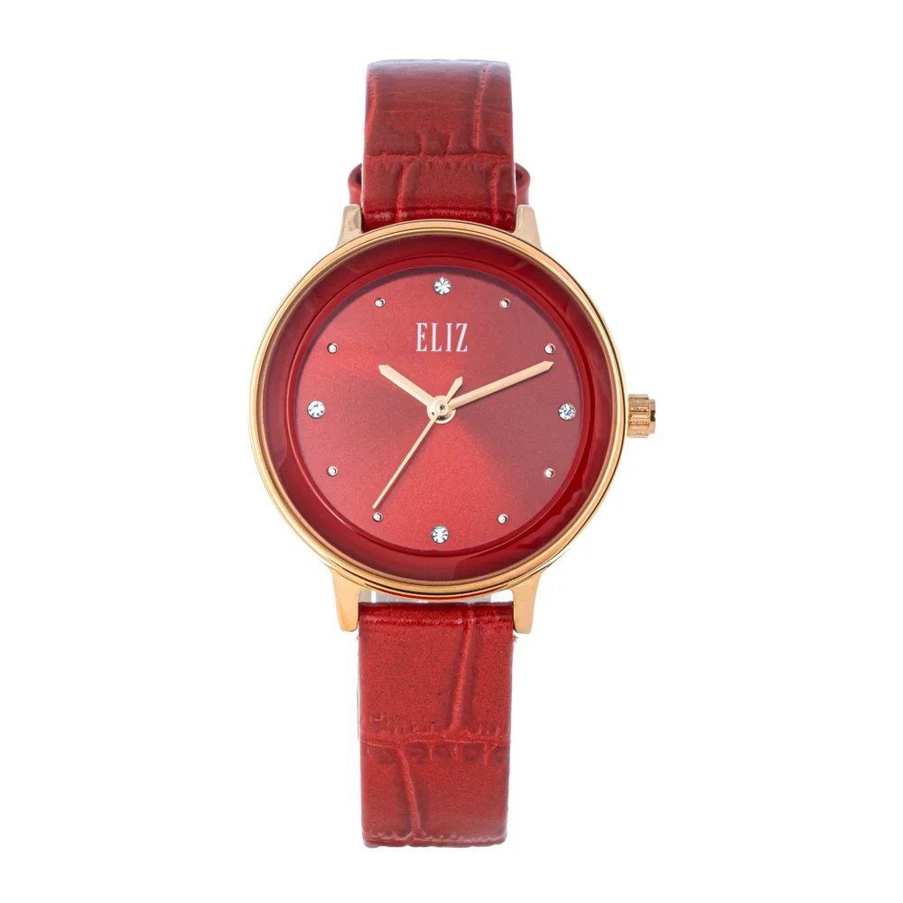 Eliz Iris Red Dial Womens Watch, 30mm PVD Rose Gold Stainless Steel Back Case, 12mm Red Genuine Leather Strap, Tang Buckle, 3ATM, 2 Years Warranty - ES8907L1RRR