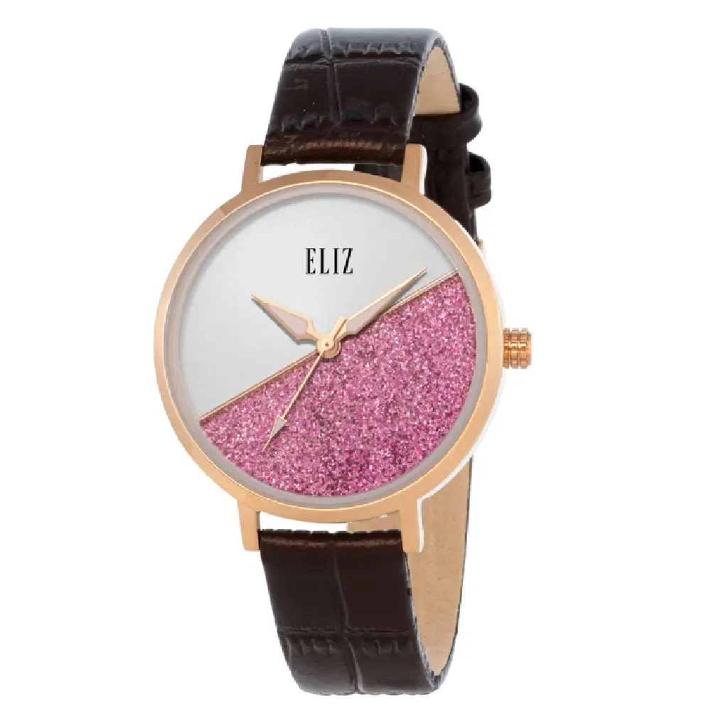 Eliz Iris Silver Dial Womens Watch, 34.5mm PVD Rose Gold Stainless Steel Back Case, 14mm Brown Genuine Leather Strap, Tang Buckle, 3ATM, 2 Years Warranty - ES8911L1RSO