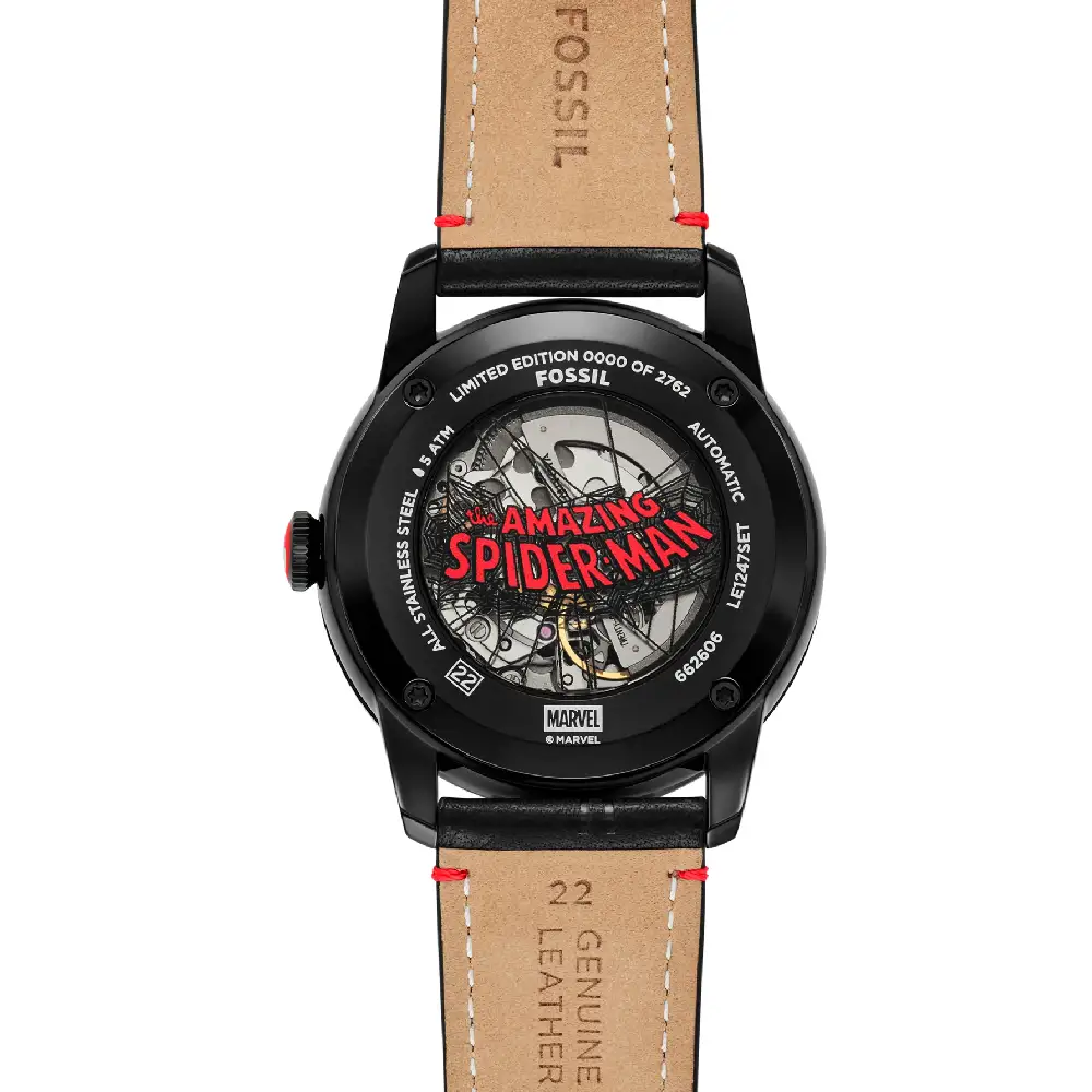 Fossil x Marvel Spider-Man Limited Edition Automatic Watch - 42mm Black Dial, Leather Strap, Open Heart, 5 ATM - LE1247SET - Image 4