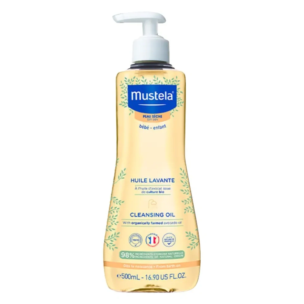 Mustela Baby Cleansing Oil 500 ml, Nourishing Bath Oil with Farmed Avocado Oil, Dry & Sensitive Skin, Protective & Hydrating, From Birth