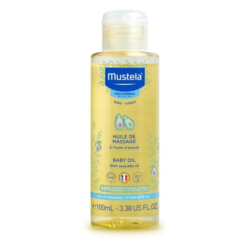 Mustela Baby Massage Oil 100 ml, Hypoallergenic Moisturizing Oil with Avocado, Pomegranate & Sunflower Oils, Fast-Absorbing & Non-Greasy, From Birth