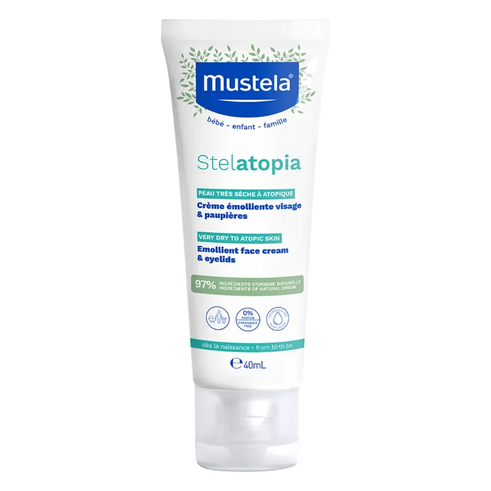 Mustela Stelatopia Emollient Face Cream 40 ml, Fragrance-Free Moisturizer for Extremely Dry Skin, Sunflower Oil Distillate, Skin Barrier Care, 0M+
