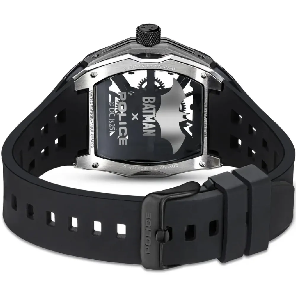 Police Limited Edition Gotham Watch for Men - 44.5mm Black Stainless Steel Case, Anthracite Skeleton Dial, Black Silicone Strap - PEWGM0075301 - Image 4