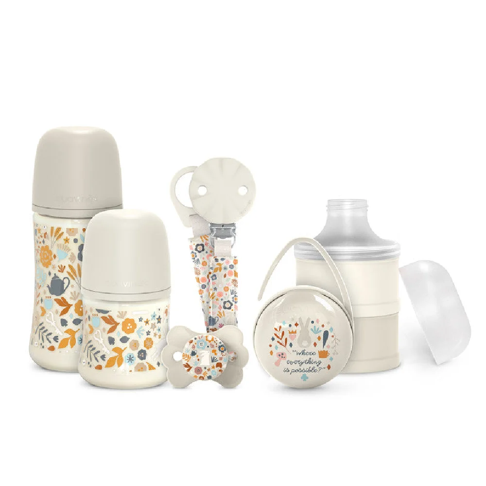 Suavinex Welcome Baby Feeding Gift Set of 5 for Newborn Baby, 150 ml & 270 ml Bottles, Pacifier, Holder & Powdered Milk Dispenser, Beige - 308800