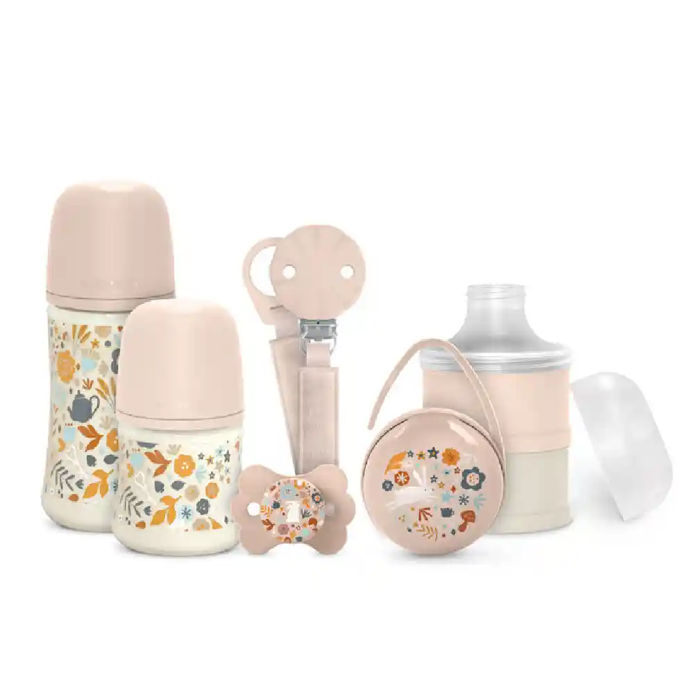 Suavinex Welcome Baby Feeding Gift Set of 5 for Newborn Baby, 150 ml & 270 ml Bottles, Pacifier, Holder & Powdered Milk Dispenser, Pink - 308801