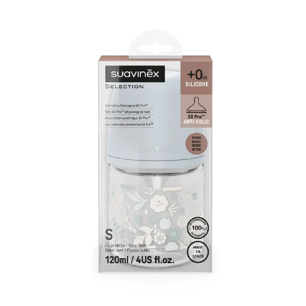 Suavinex Wonderland Glass Baby Feeding Bottle 120 ml, SX Pro Slow Flow Physiological Teat, Anti-Colic, Ergonomic & Easy to Clean, 0M+, Blue - 308770 - Image 3
