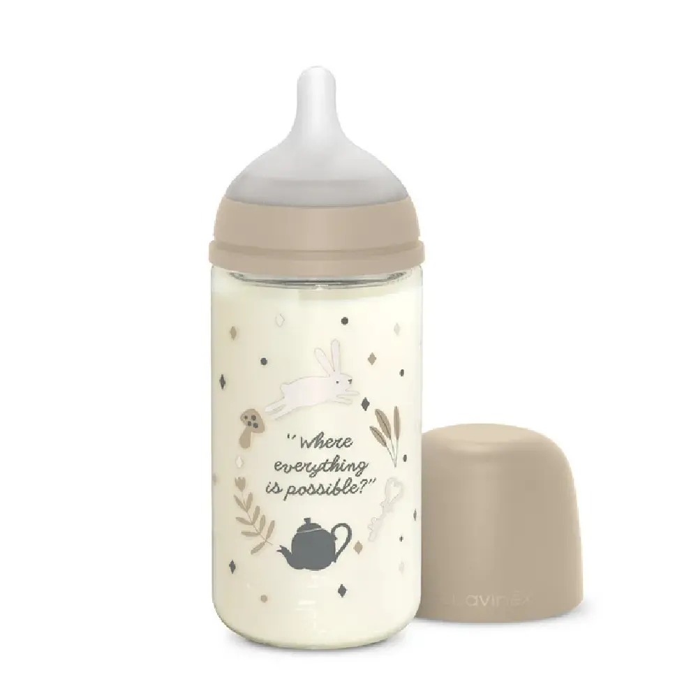 Suavinex Wonderland Glass Baby Feeding Bottle 240 ml, SX Pro Medium Flow Physiological Teat, Anti-Colic, Recyclable & Natural Feeding Design, 3M+, Beige - 308788