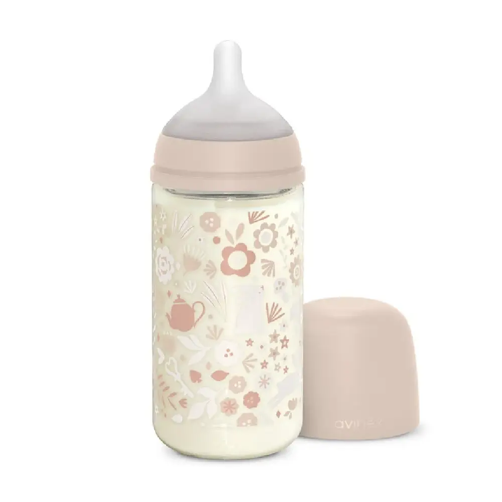 Suavinex Wonderland Glass Baby Feeding Bottle 240 ml, SX Pro Medium Flow Physiological Teat, Anti-Colic, Recyclable & Natural Feeding Design, 3M+, Pink - 308787
