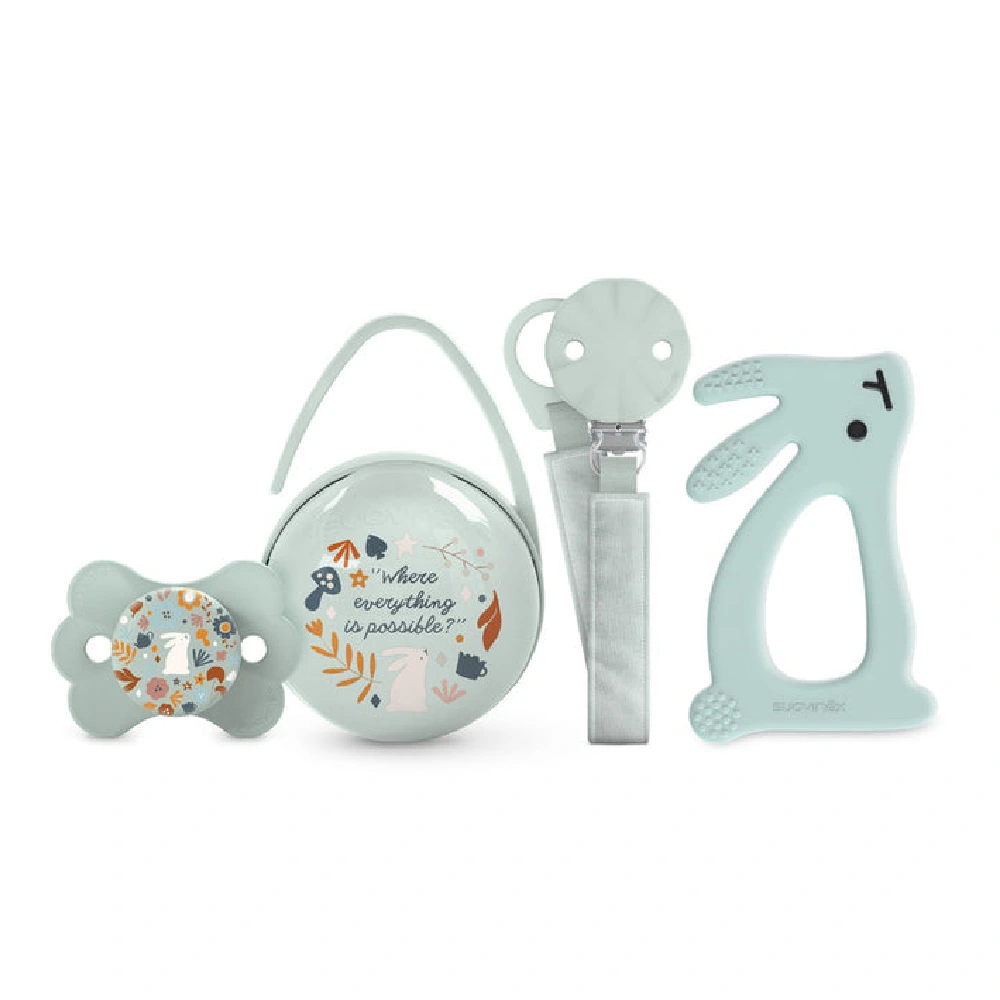Suavinex Wonderland Newborn Gift Set, 0-6 Months, Butterfly Pacifier, Fabric Ribbon Clip, Duo Pacifier Holder & Bunny Teether, Blue - 308805