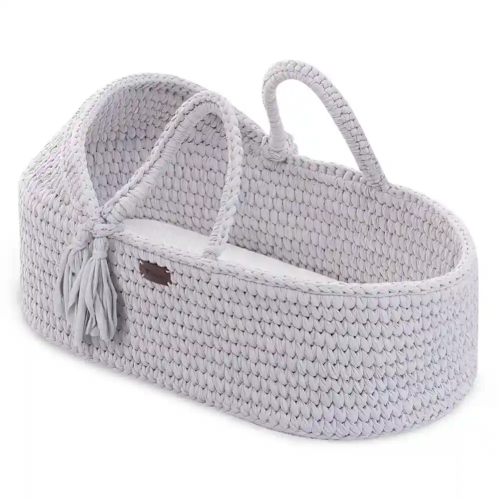 Teknum Moses Rope Basket for Baby with Mattress, Pillow & Canopy, Handwoven Design, 0-6 Months, Gray - TK_RPBABE_GY
