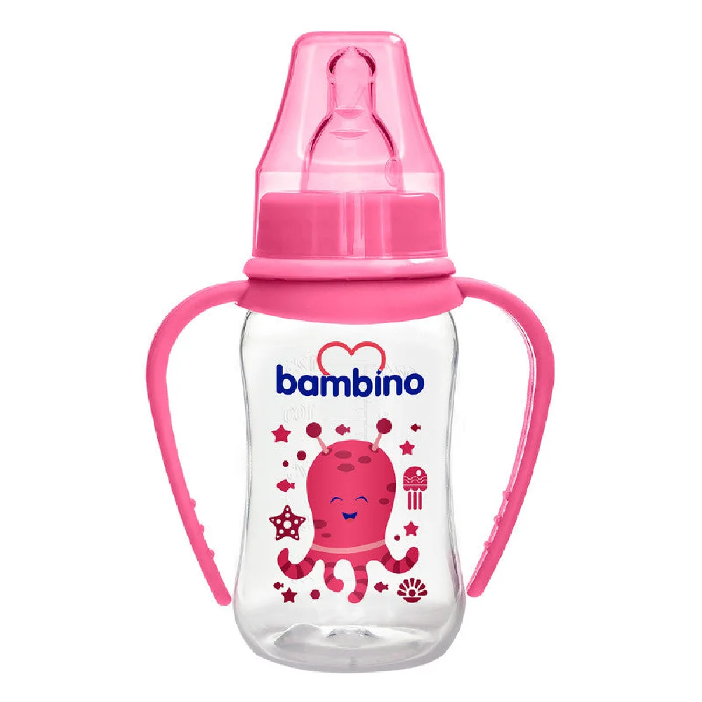 Bambino Classic PP Feeding Bottle with Grip 150 ml, Soft Silicone Slow Flow Nipple, Ergonomic Handles, Wide Neck, BPA-Free, 0-6 Months, Pink - B065