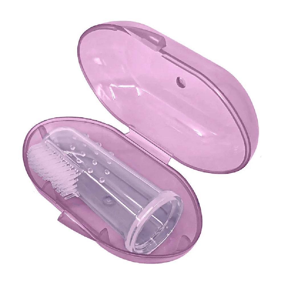 Bambino Silicone Finger Toothbrush & Teether Brush with Soft Bristles, Textured Gum Massage Surface, 100% Food-Grade BPA-Free Silicone & Protective Case, Pink - T087
