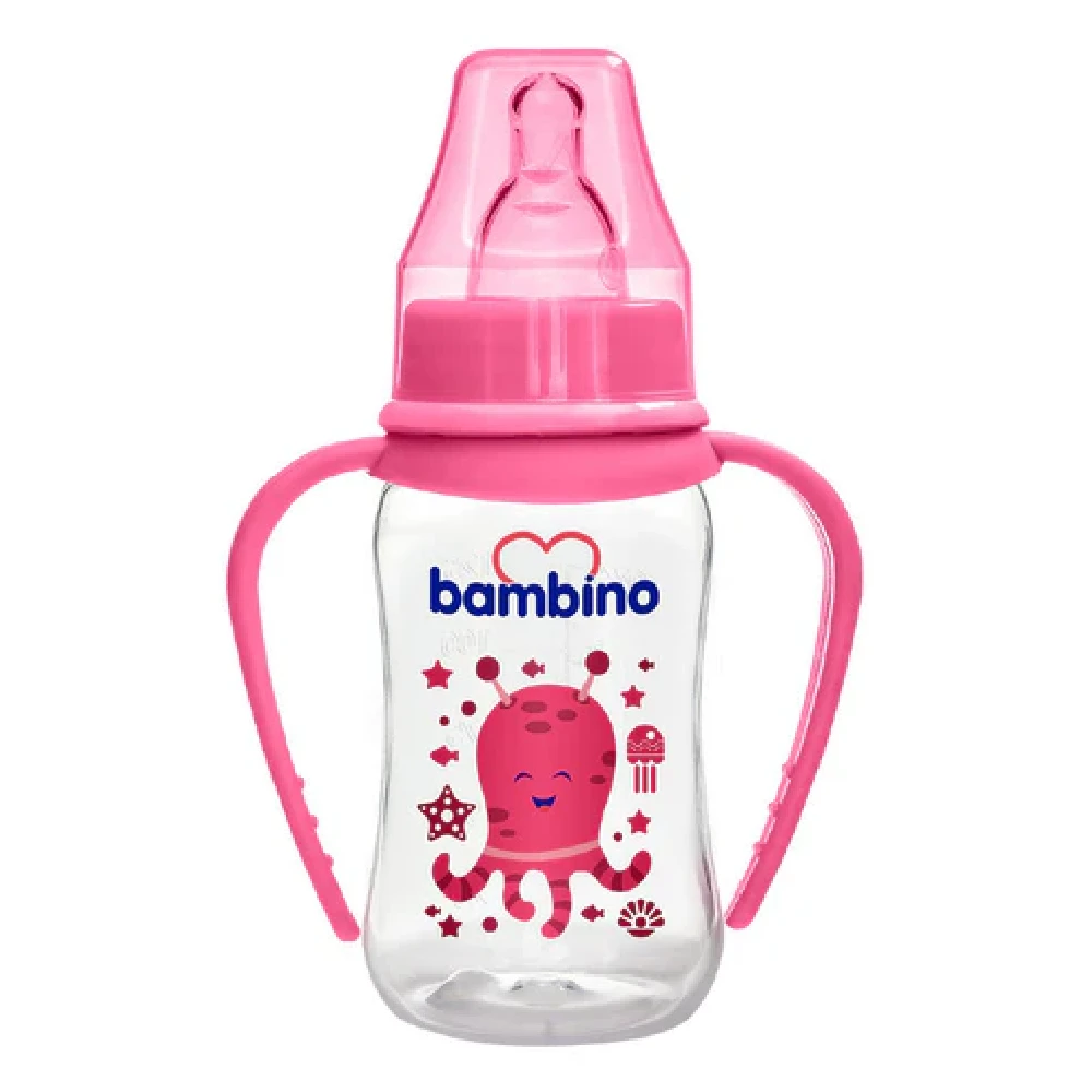 Bambino Wide Neck PP Feeding Bottle with Grip 150 ml, Soft Silicone Slow Flow Nipple, Ergonomic Handles, BPA-Free, 0-6 Months, Pink - B817