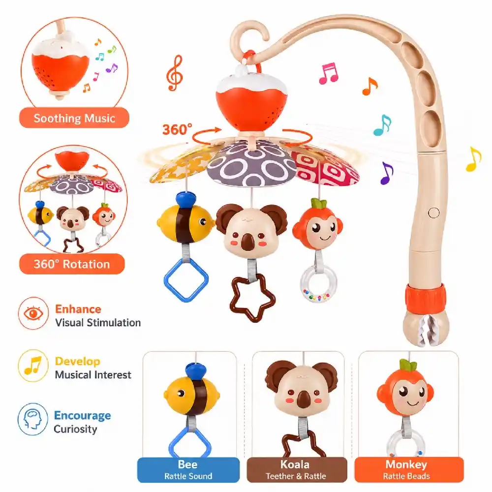 Goodway Baby Crib Mobile with Hanging Toys & Music, Rotating Bee, Koala & Monkey Toys, Soothing Melodies & Sensory Play, Beige - 6981B - Image 3