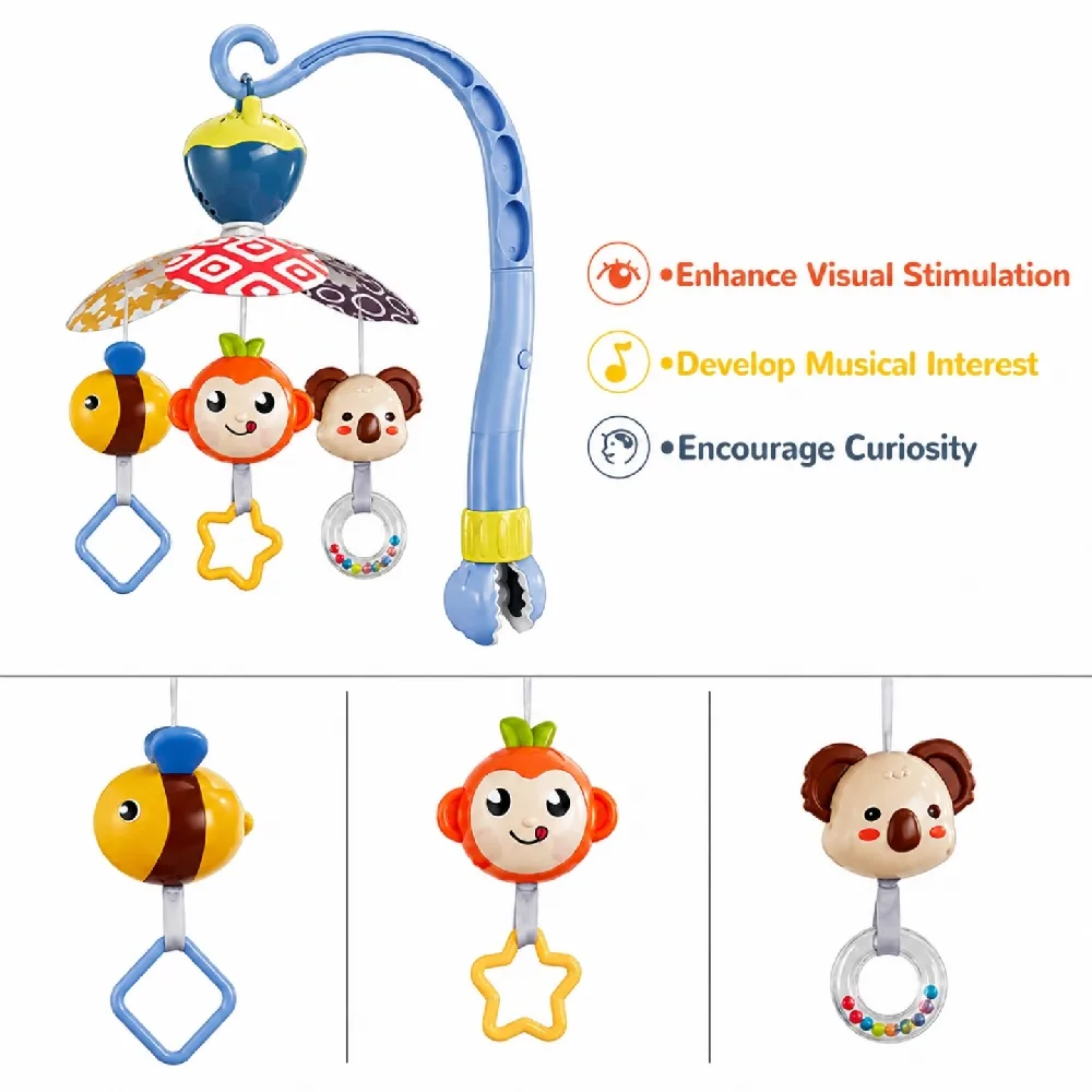 Goodway Baby Crib Mobile with Hanging Toys & Music, Rotating Bee, Monkey & Koala Toys, Soothing Melodies & Sensory Play, Blue - 6981A - Image 3