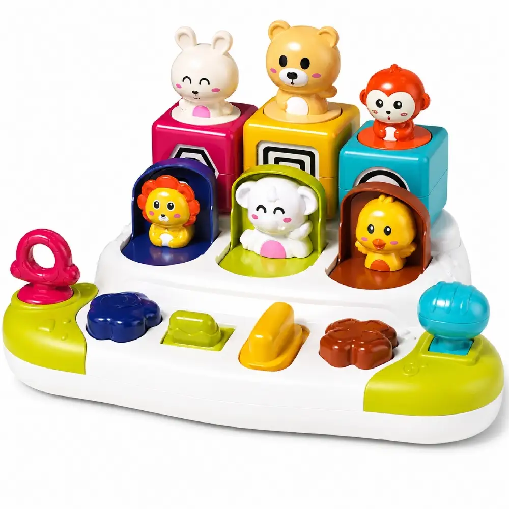 Goodway Baby Pop-Up Animal Activity Toy with Buttons, Interactive Pop-Up Animals, Colorful Buttons & Gears, Sensory Play Toy for Early Learning and Motor Skill Development - 6936G