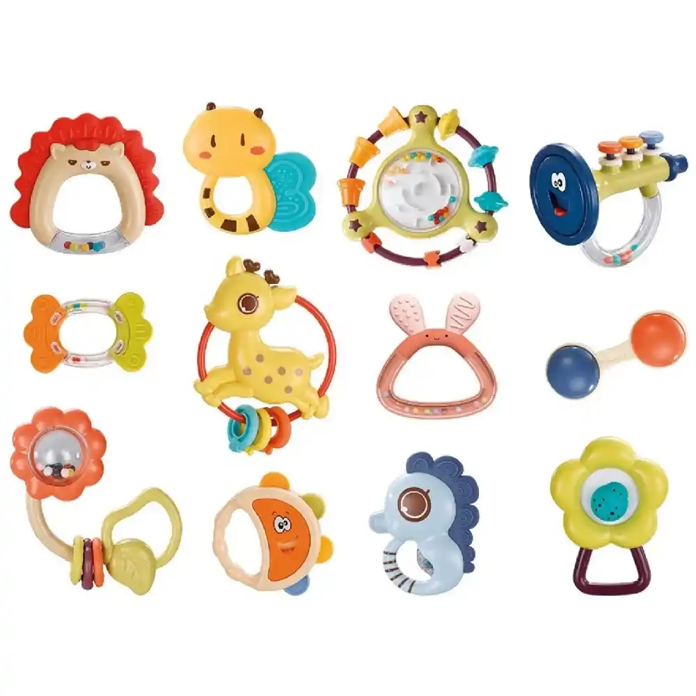 Goodway Baby Rattle Toy 12-Piece Set for Newborns, Animal Design with Variety of Shapes, Textures & Sounds, Lightweight Easy-Grip Sensory Toys for Early Development - 6625G