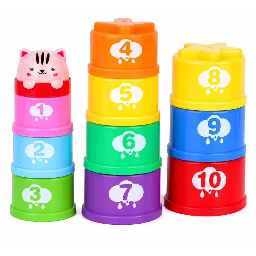Goodway Baby Stacking Cups Toy with Numbers & Shapes, 10 Colorful Cups with Cute Cat Top, Educational Sorting & Stacking Toy for Early Learning, Motor Skills & Bath Play - G109B