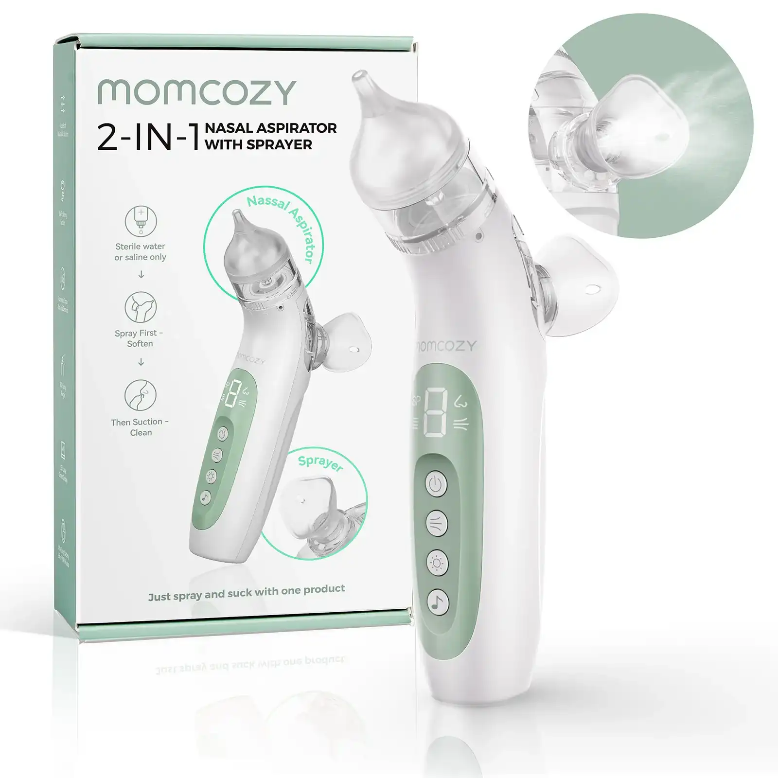Momcozy 2-in-1 Electric Nasal Aspirator, 65kPa Suction, Plastic, Green - QMBN007