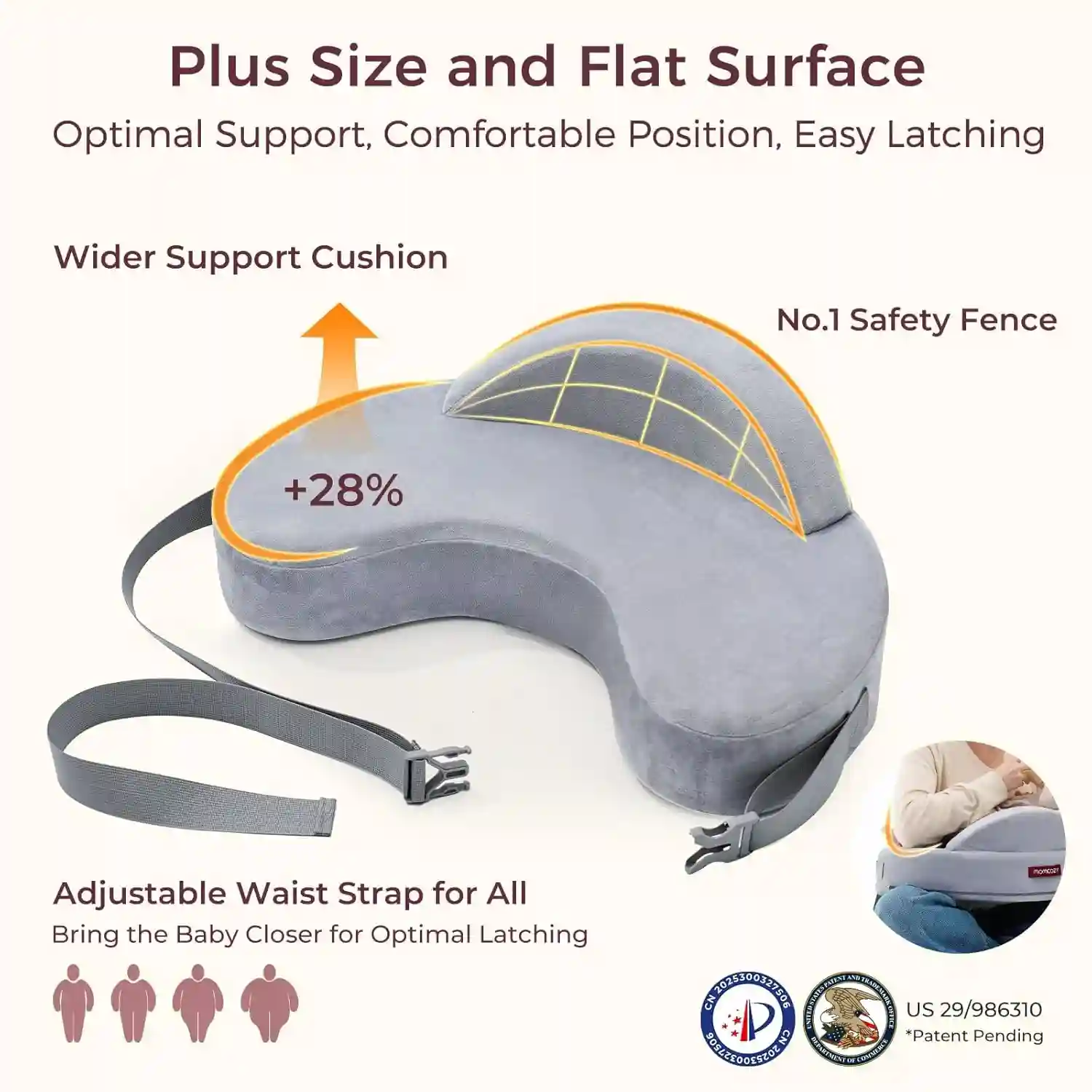 Momcozy Ergonomic Nursing Pillow, Firm Memory Foam Support, Contoured Gap-Free Design, Raised Safety Fence, Adjustable Waist Strap, Removable Machine-Washable Cover, Grey - 840506402560 - Image 5