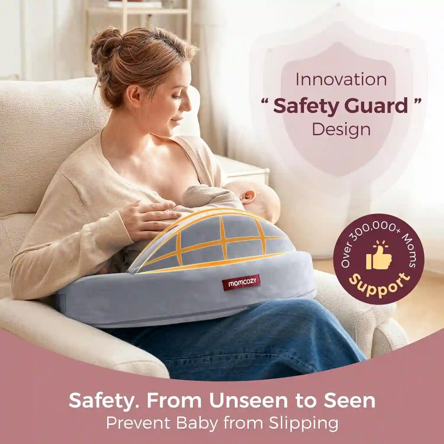 Momcozy Ergonomic Nursing Pillow, Firm Memory Foam Support, Contoured Gap-Free Design, Raised Safety Fence, Adjustable Waist Strap, Removable Machine-Washable Cover, Grey - 840506402560 - Image 7